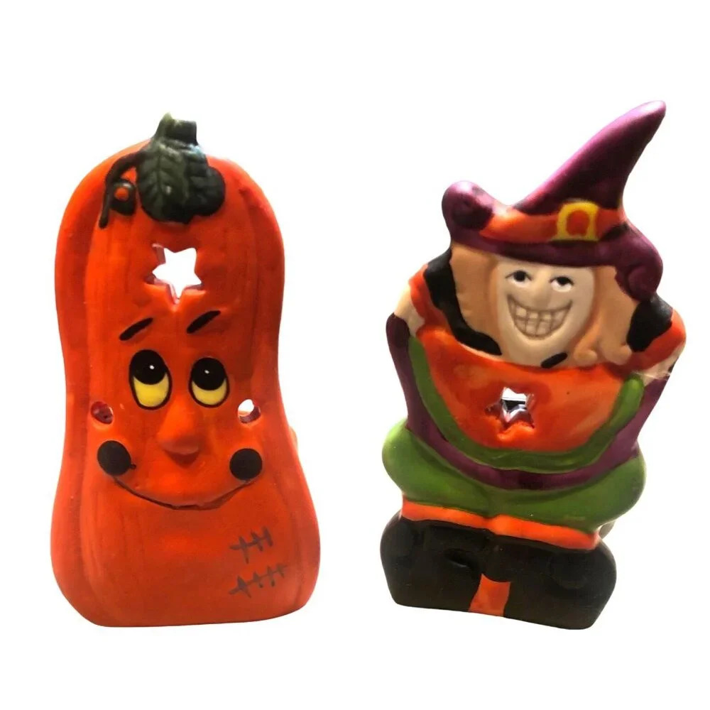 Pair Halloween Pumpkin & Witch‎ Tealight Candle Holders Spooky Decor